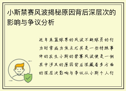 小斯禁赛风波揭秘原因背后深层次的影响与争议分析